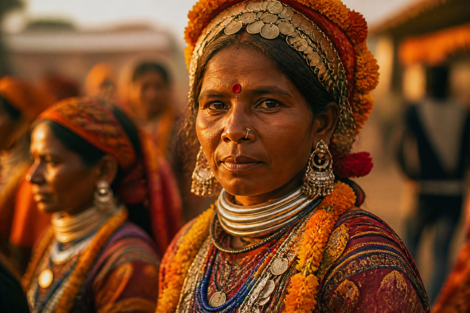 An indigenous tribal woman in ceremonial dress — silver jewellery, marigold garland, handwoven textile